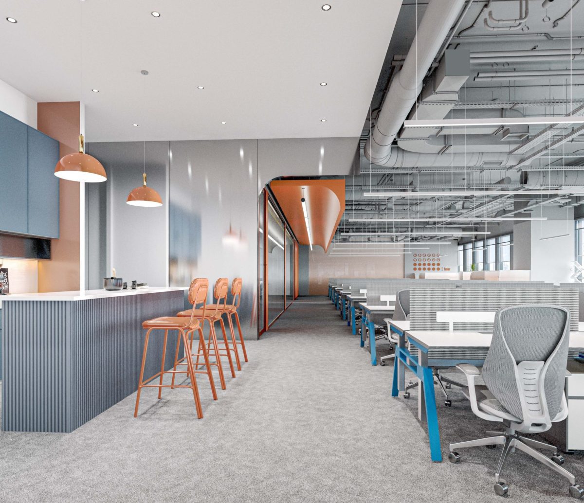 辦公室茶水區藍色吧臺柜效果圖