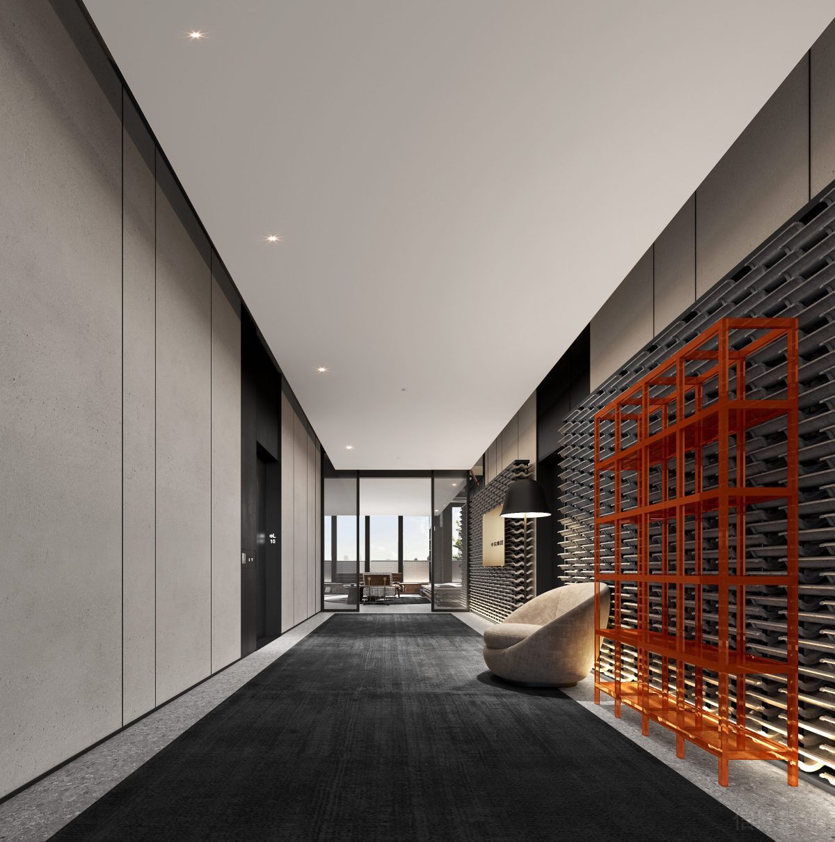 中式田園風辦公室過道青瓦墻面設計